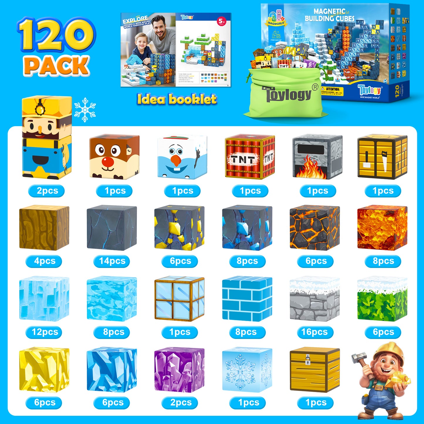 120PCS Large Magnetic Blocks-Build Mine Magnet World Ice & Sword Edition, Building Blocks Kids Toys STEM Sensory Toys for Ages 3-4 5-7 8-13, Gifts for 3 4 5 6 7 8 Year Old Boys Girls