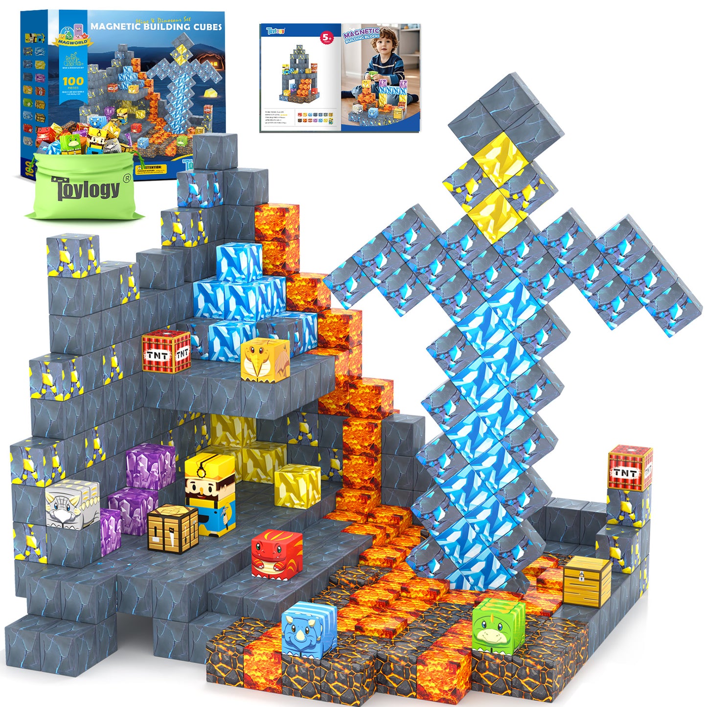 100PCS Magnetic Blocks-Build Mine Magnet World Jurassic Sword Dinosaur Toys Building Blocks for Boys Girls Ages 3-5 5-7, Classroom Must Haves Stem Education Sensory Kids Toys Christmas Birthday Gifts