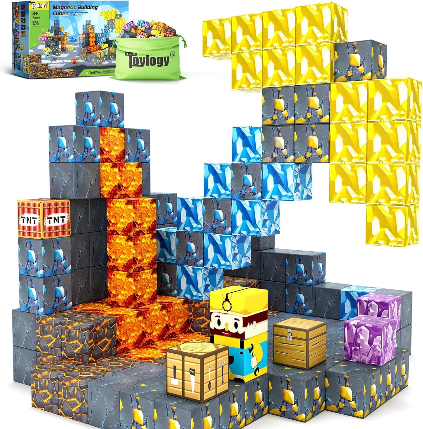 Magnetic Blocks-Build Mine Magnet World Pickaxe Edition Mine Pickaxe Caverns Kids Games Toddler Toys Magnetic Tiles for Boys & Girls Age 3-4 4-5 6-8, Sensory Outdoor Toys for Kids for 3+