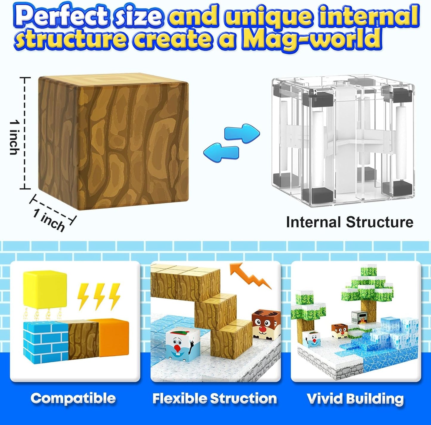 126PCS Large Magnetic Blocks-Mine Magnet World Forest & Ice Edition, Sensory Building Blocks Set STEM Construction Toys for Toddlers Kids Ages 3-5 5-7 8-13, Gifts for 3-8 Year Old Boys Girls