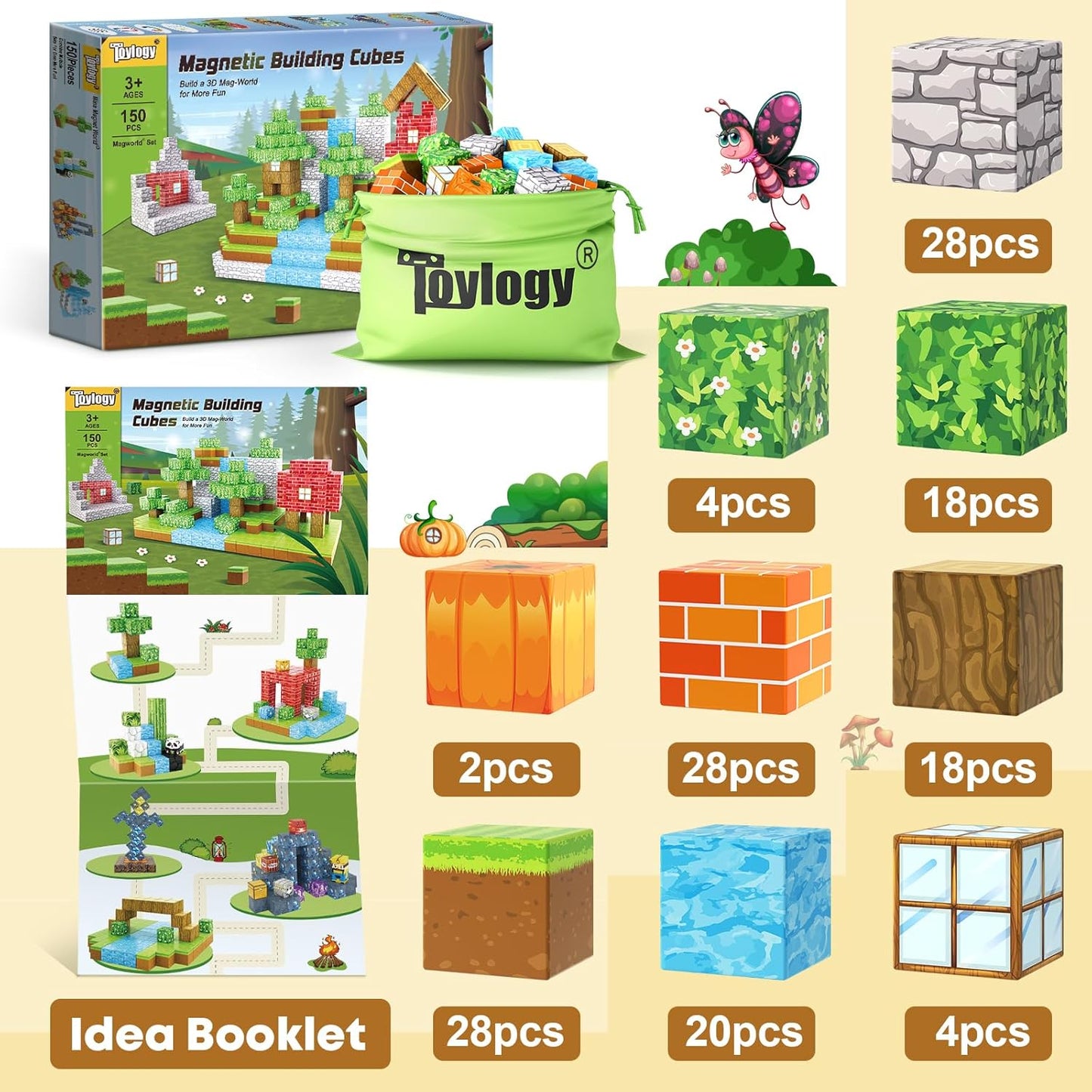 150PCS Magnetic Blocks-Build Mine Magnet World Pumpkin Edition Kids Building Outdoor Toys for 3 4 5 6 7 Years Old Boys Girls, Magnetic STEM Toddler Construction Toys for Halloween Birthday Gifts