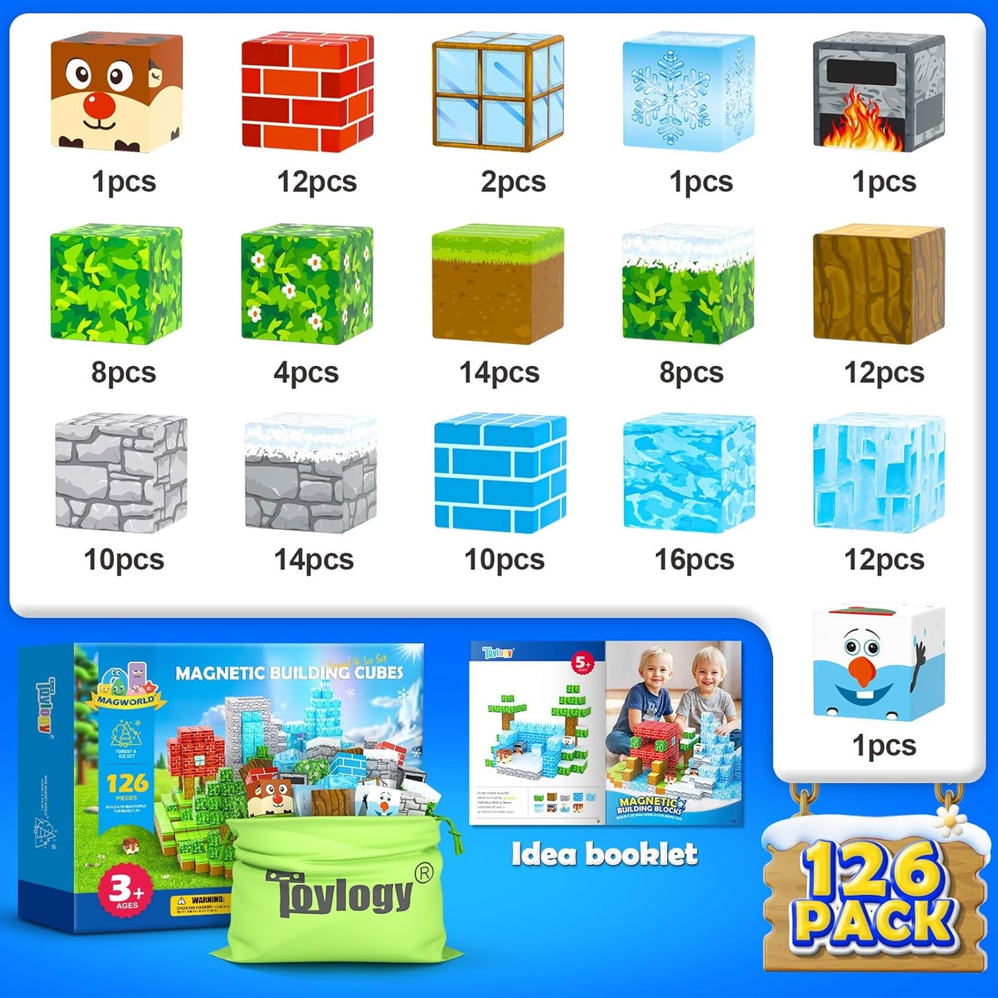 126PCS Large Magnetic Blocks-Mine Magnet World Forest & Ice Edition, Sensory Building Blocks Set STEM Construction Toys for Toddlers Kids Ages 3-5 5-7 8-13, Gifts for 3-8 Year Old Boys Girls