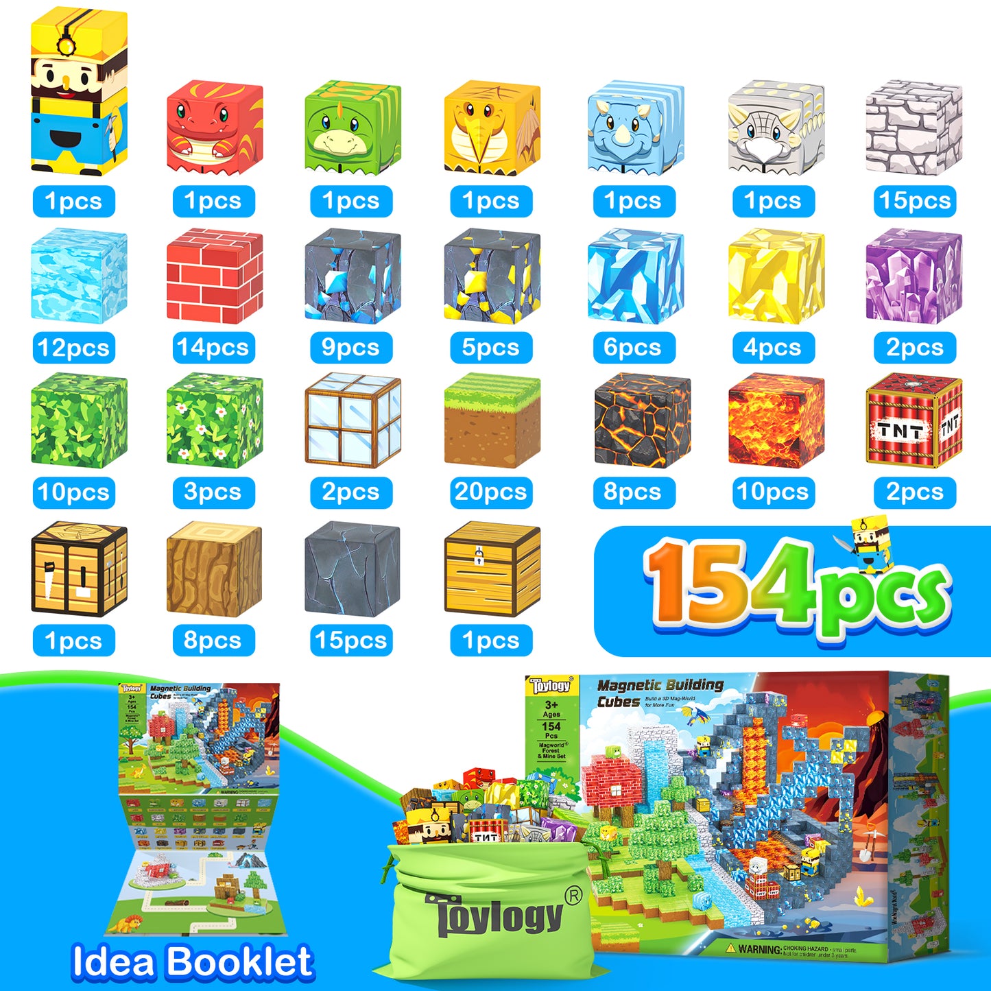 154PCS Dinosaur Toys Magnetic Blocks-Build Mine Magnet World Forest Mine Edition, Dino Adventure Magnetic Building Sensory STEM Kids Toys for Boys Age 3+,Magnet Games for Boys Girls 3-5 4-6 5-7 6-8