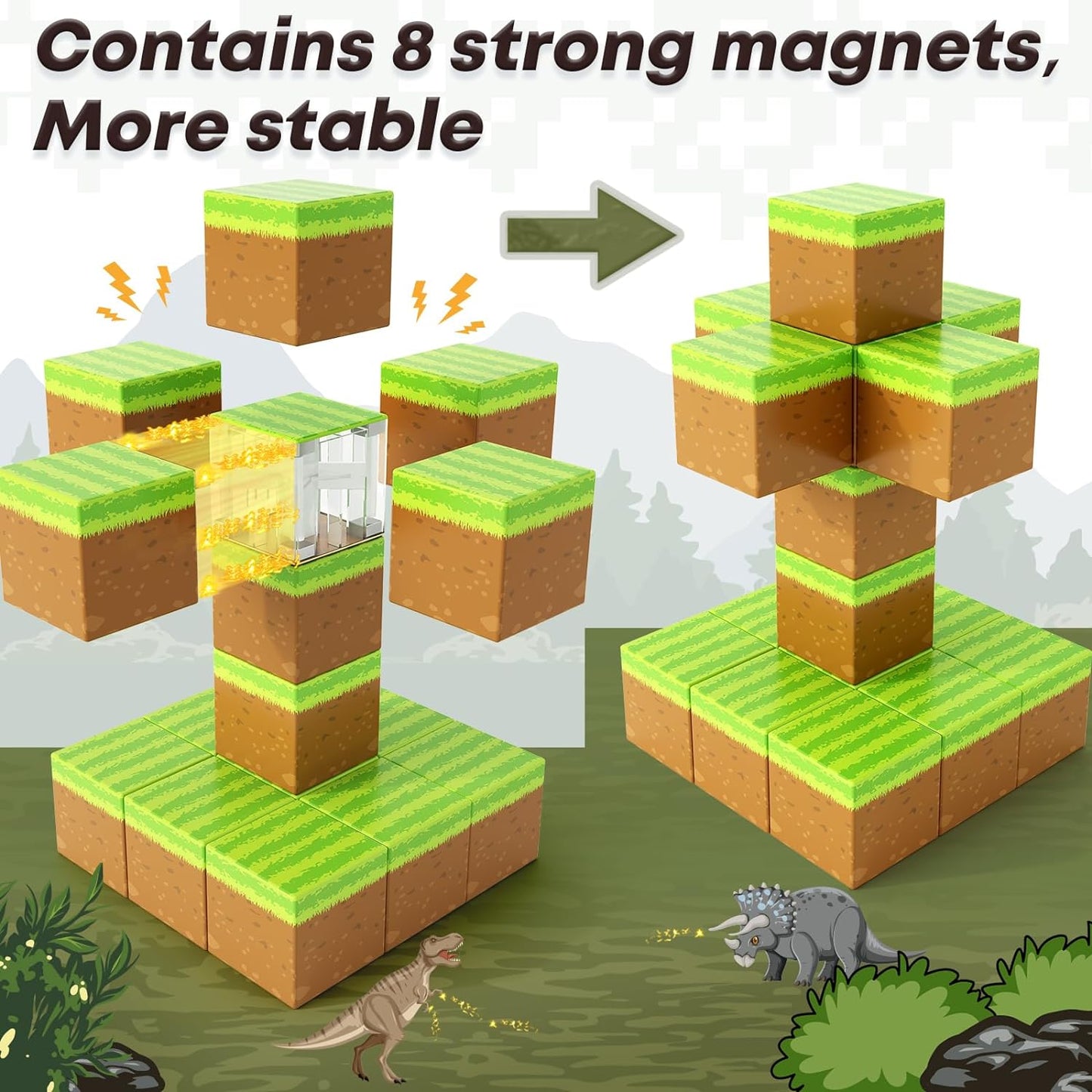 Magnetic Blocks-Build Mine Magnet World Grass Edition, Magnetic Toys for Boys & Girls Age 3-4 4-5 6-8, STEM Montessori Sensory Toys for Toddlers Gifts for 3+ Years Old Girls Boys