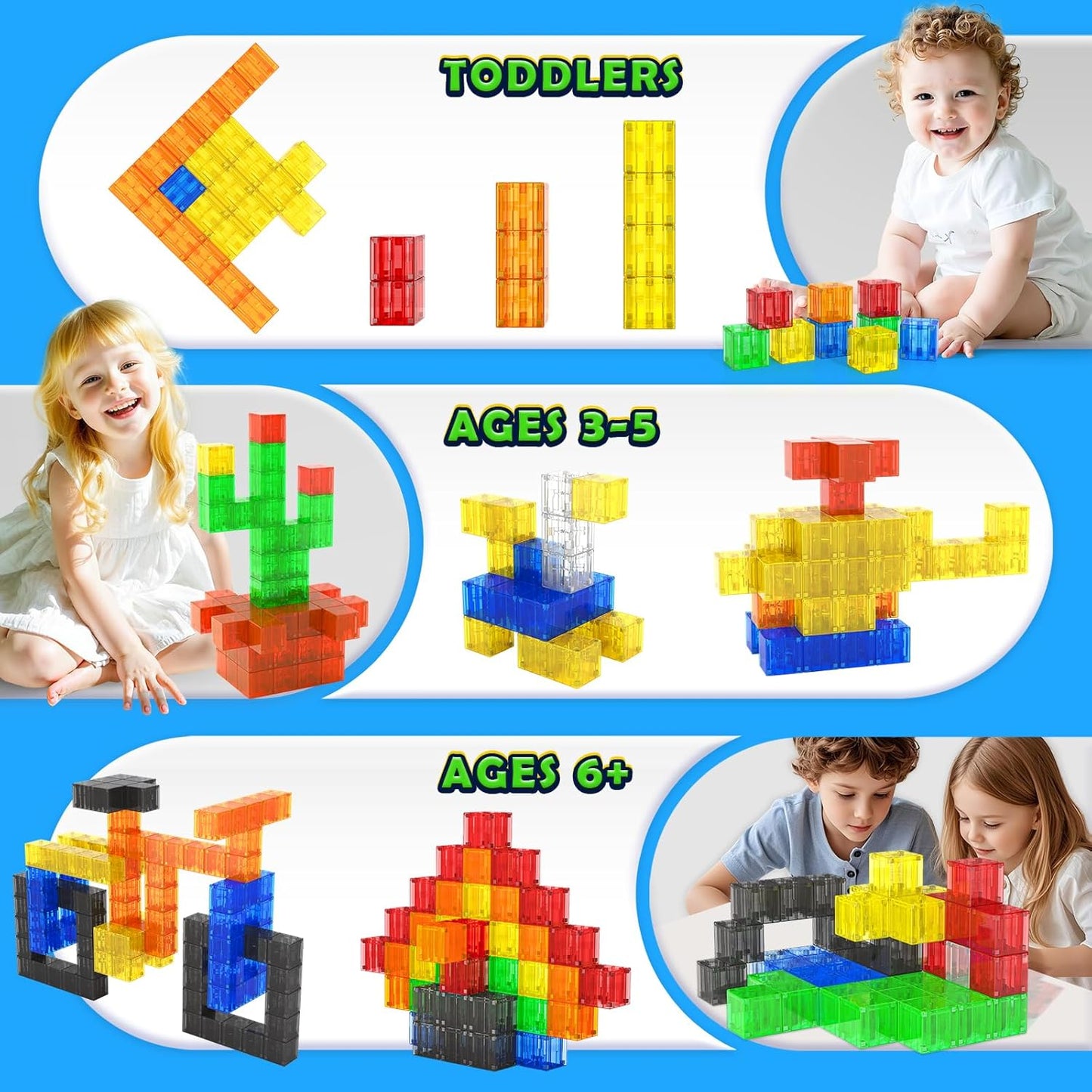 Magnetic Blocks Toy for 3 Year Old Boys & Girls Toddlers Montessori Toys for Kids World Magnet Building Transparent Blocks Educational Learning Kid Toys Age 3-5, 4-8, 5-7