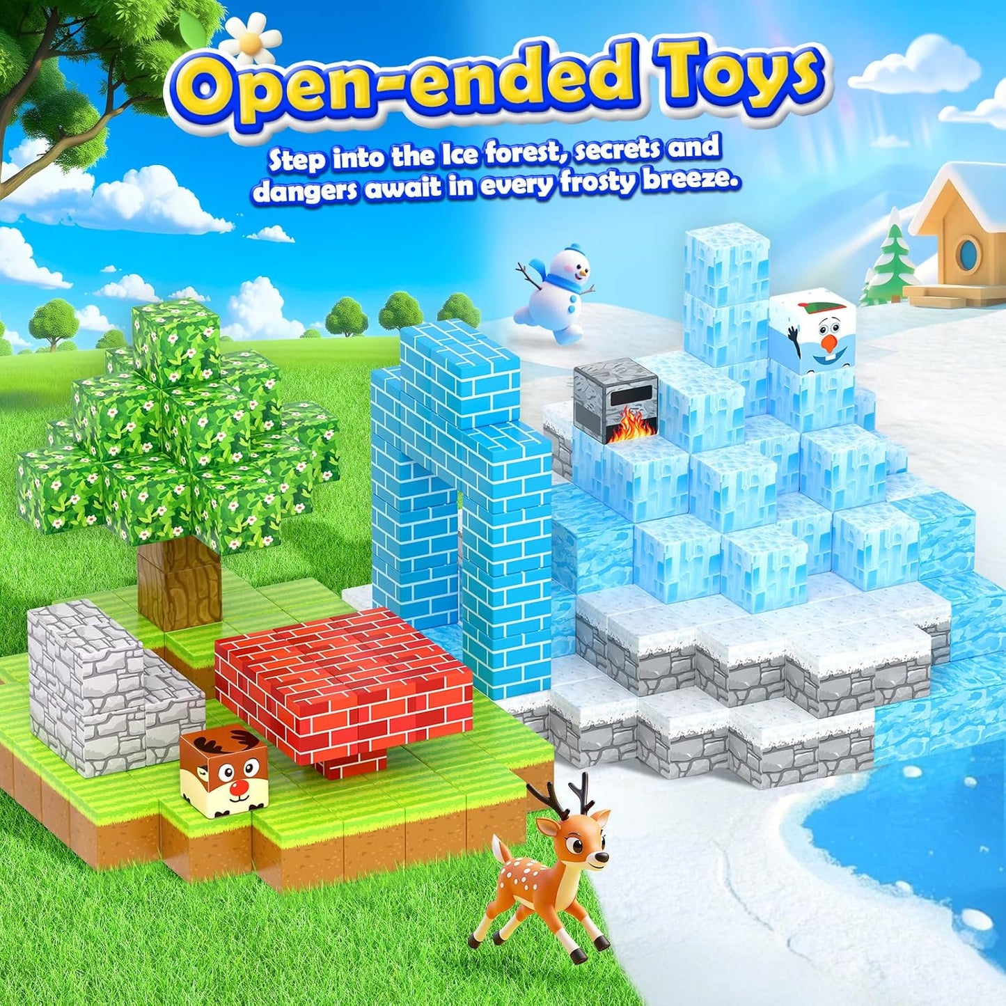 126PCS Large Magnetic Blocks-Mine Magnet World Forest & Ice Edition, Sensory Building Blocks Set STEM Construction Toys for Toddlers Kids Ages 3-5 5-7 8-13, Gifts for 3-8 Year Old Boys Girls