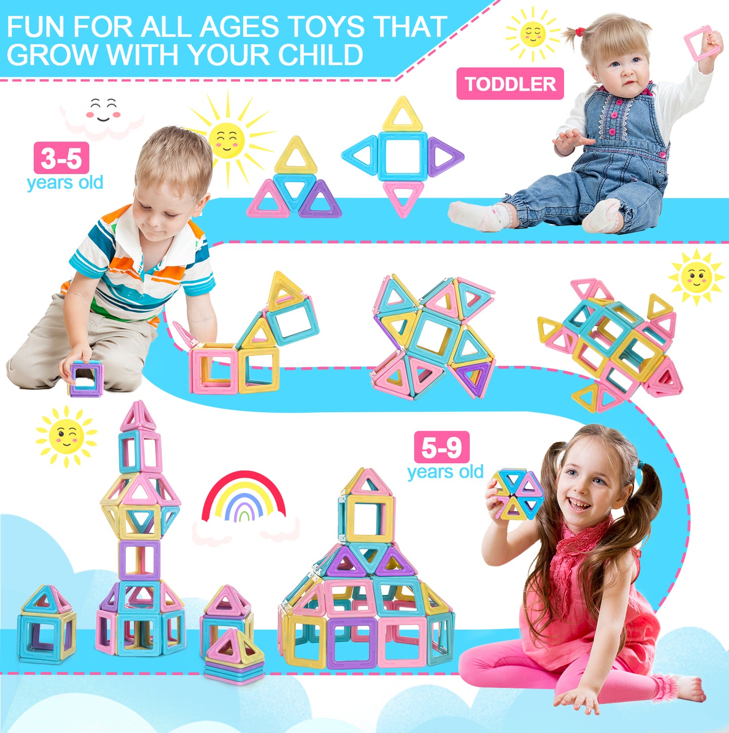 Upgraded Magnetic Tiles Toys for 3 4 5 6 7 Year Old Boys Girls Magnetic Blocks Building Set for Toddlers STEM Learning Toys for Kids Boredom Buster Educational Toys Gifts