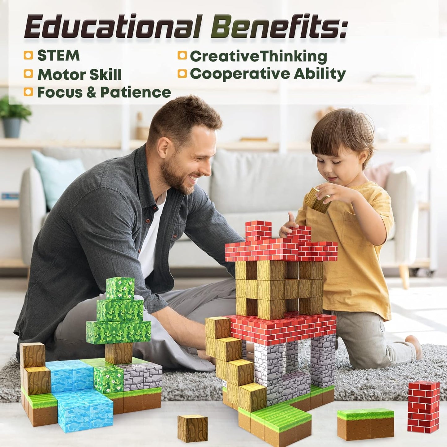 Magnetic Blocks-Build Mine Magnet World Grass Edition, Magnetic Toys for Boys & Girls Age 3-4 4-5 6-8, STEM Montessori Sensory Toys for Toddlers Gifts for 3+ Years Old Girls Boys