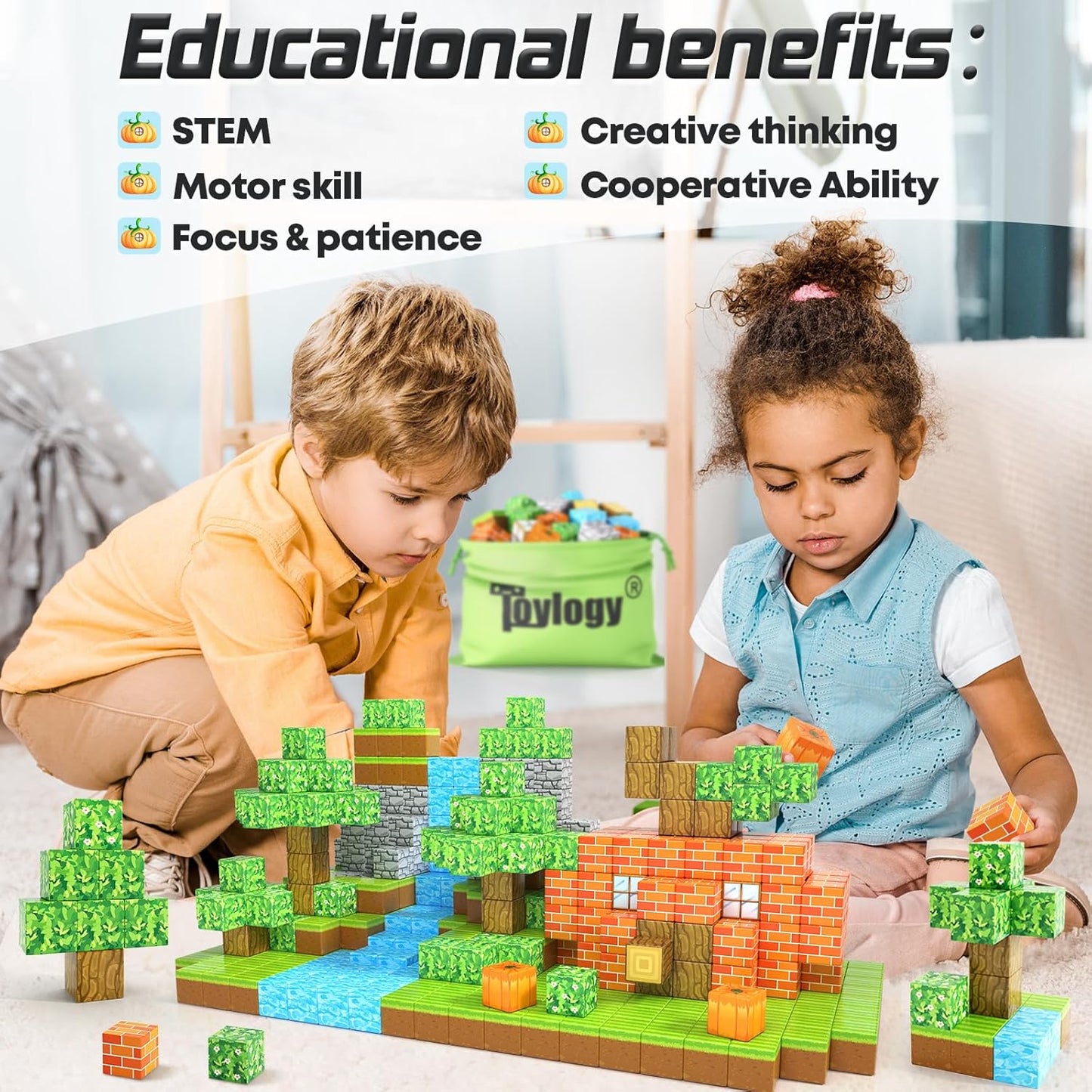 150PCS Magnetic Blocks-Build Mine Magnet World Pumpkin Edition Kids Building Outdoor Toys for 3 4 5 6 7 Years Old Boys Girls, Magnetic STEM Toddler Construction Toys for Halloween Birthday Gifts