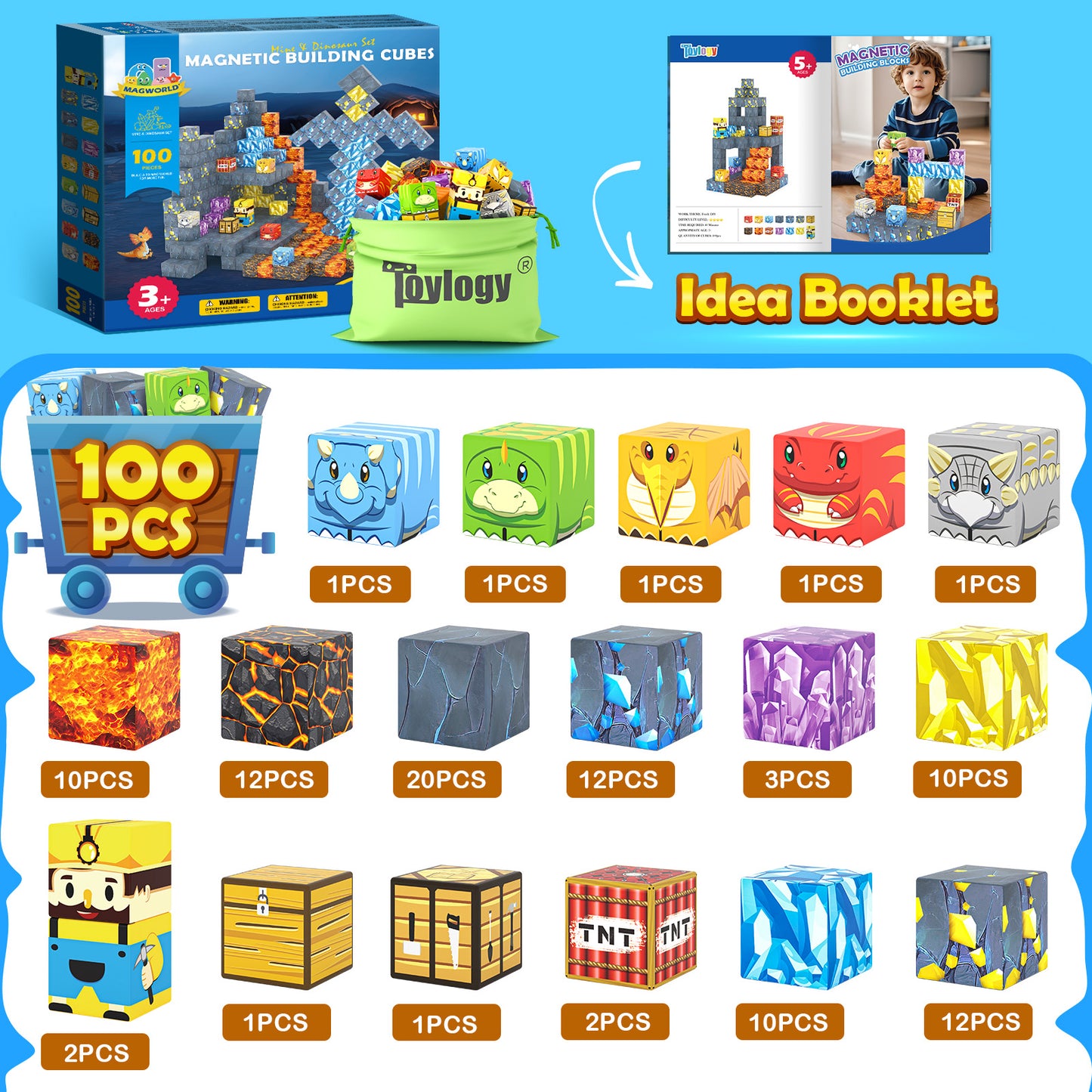 100PCS Magnetic Blocks-Build Mine Magnet World Jurassic Sword Dinosaur Toys Building Blocks for Boys Girls Ages 3-5 5-7, Classroom Must Haves Stem Education Sensory Kids Toys Christmas Birthday Gifts