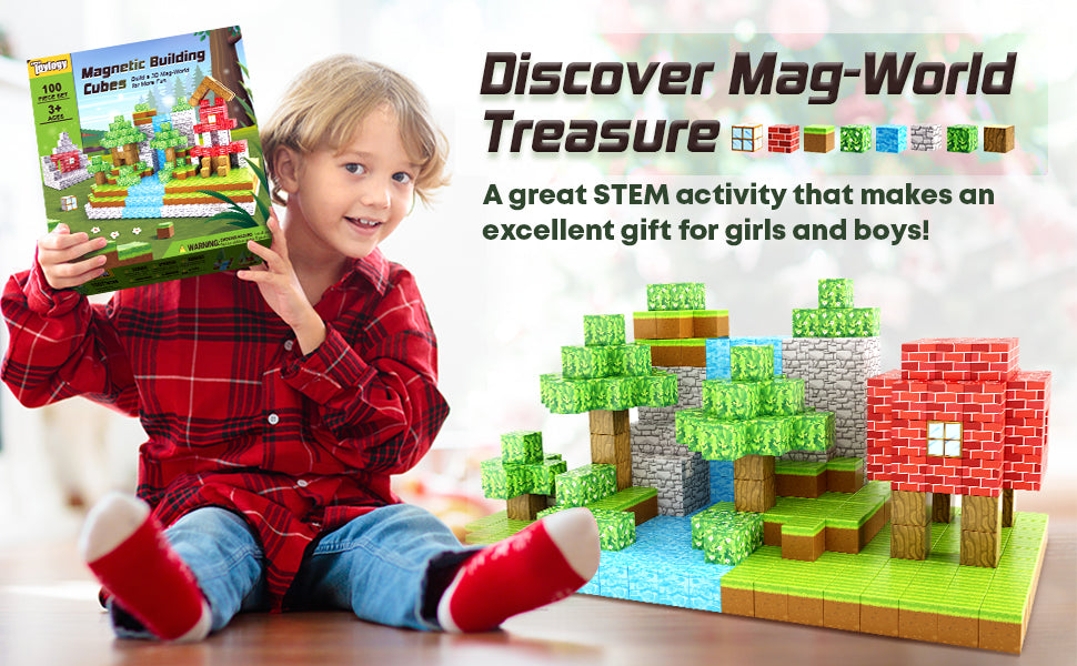 100PCS Magnetic Blocks-Build Mine Magnet World Set, Magnetic Toys for Boys & Girls Age 3-5 6-8, STEM Sensory Toys for Toddlers Gifts for 3+ Years Old Girls Boys, Classroom Must Haves Construction Toys