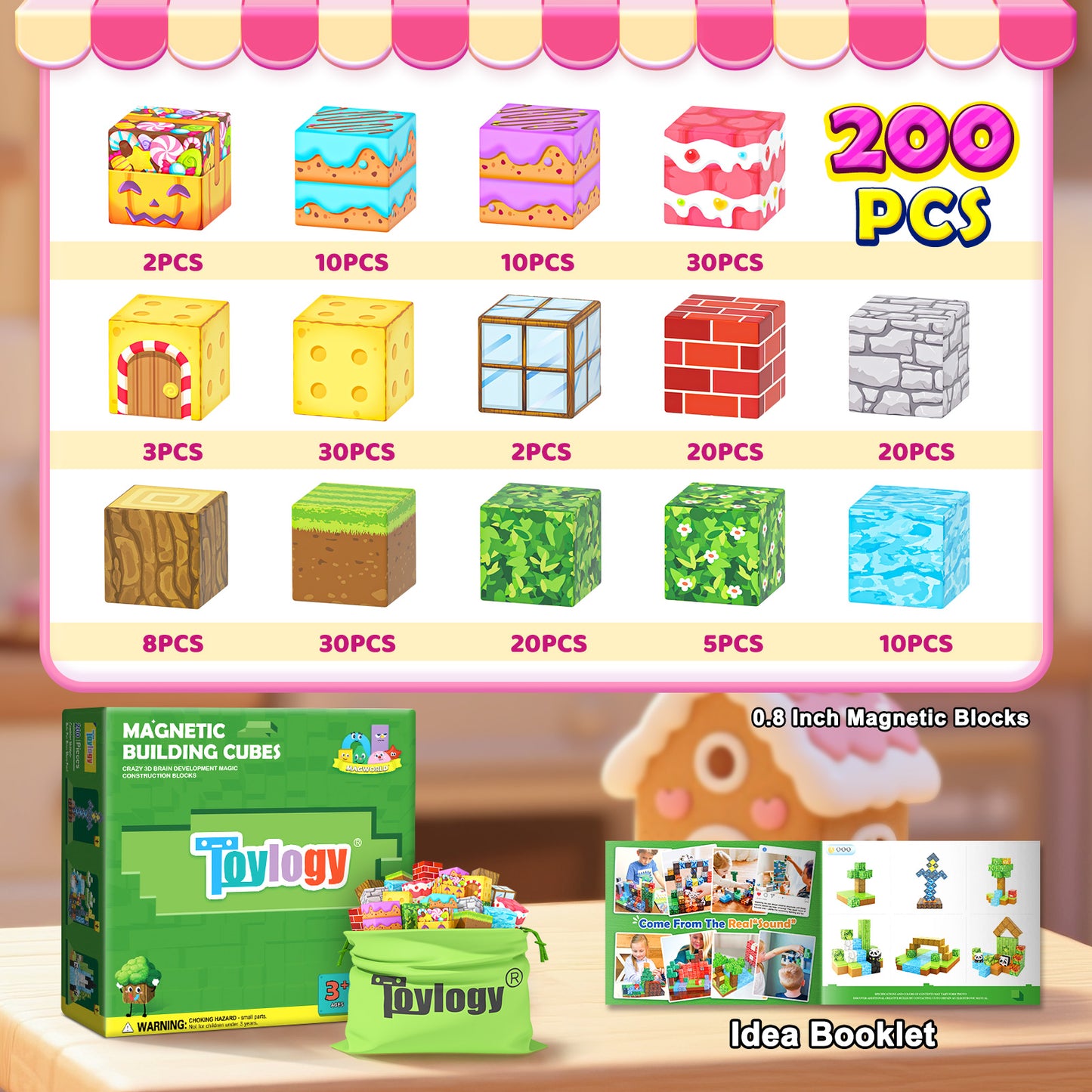 200PCS Magnetic Blocks-Build Mine Magnet World Forest Candy Set Magnetic Tiles Cubes Toddler Kids Games Toys, Building Blocks Learning Outdoor Toys for 3 4 5 6 7 8 Years Old Boys & Girls