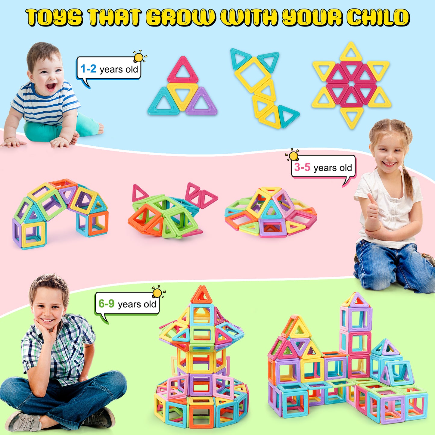 Upgraded Magnetic Blocks Tiles Toddler Toys for 3 4 5 6 7 8 Year Old Girls and Boys Gifts Magnetic Building Toys STEM Learning Educational for Kids Candy Color 52PCS