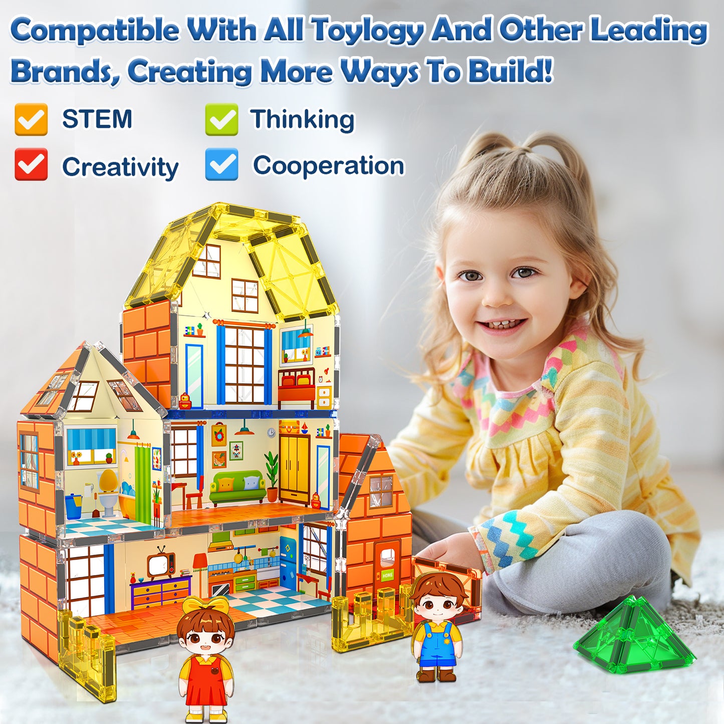 Magnetic Tiles-Doll House with Magnets for Kids Playhouse Tiles Edition Double Sided, Kids Toys Magnetic Blocks for Boys Girls Age 3-4 4-5 6-8, Stem Sensory Toy for Classroom Must Haves Building Toys