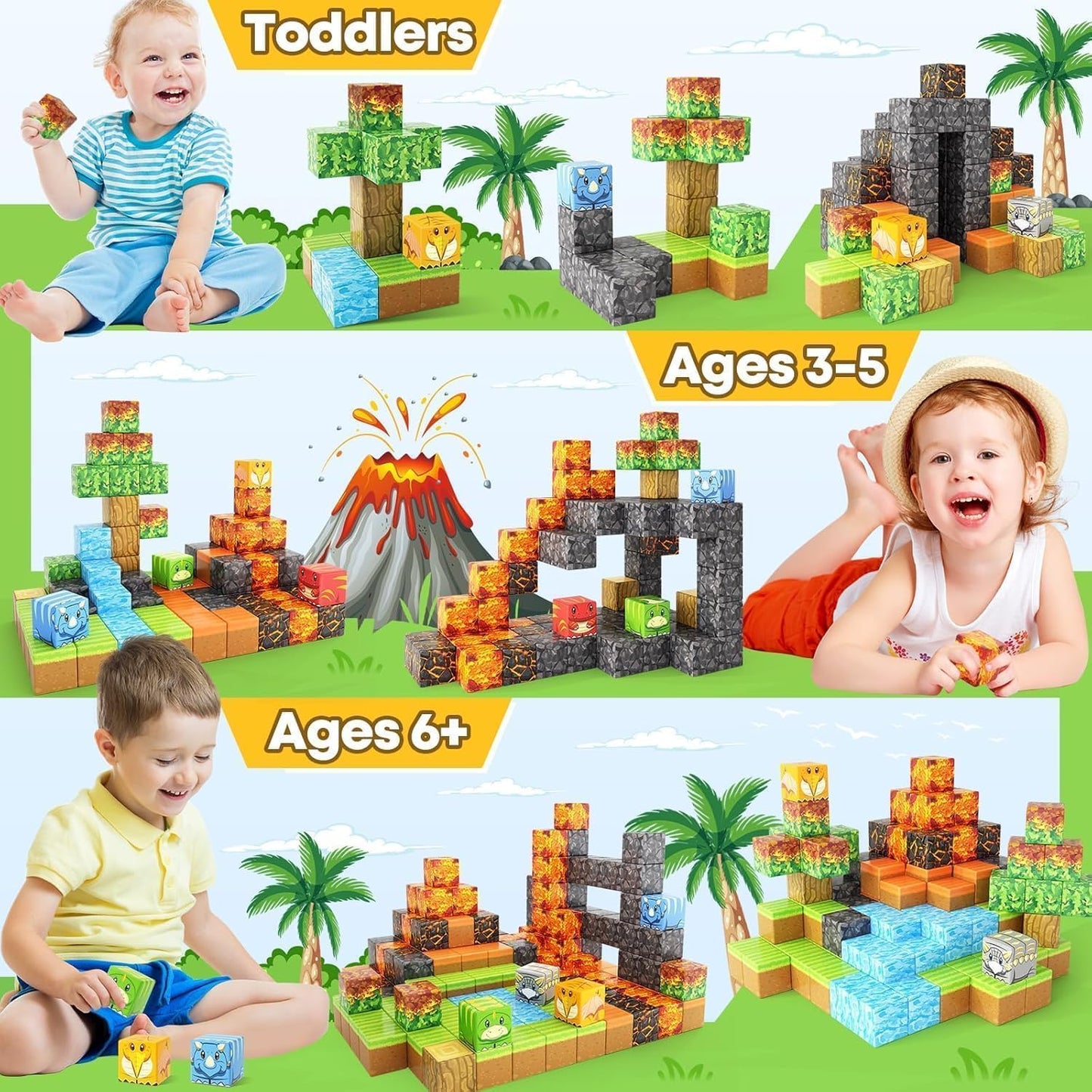 150PCS Dinosaur Toys Magnetic Blocks-Build Mine Magnet World Volcano Edition, Magnetic Kids Sensory Toys for 3+ Year Old Boys and Girls Building Blocks Toddler Games Through Jurassic Learning Gifts