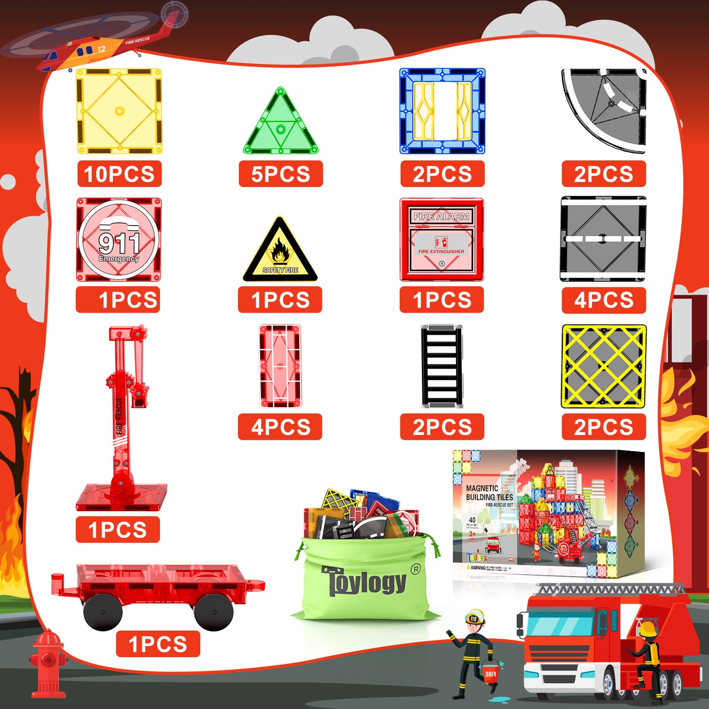 Magnetic Tiles Road Set with Magnetic Crane Edition, Magnet Building City Fire Kids Car Toys for 3 4 5 6 7 Years Old Boys Girls, Magworld Kids Games Construction STEM Toys for Boys Gifts