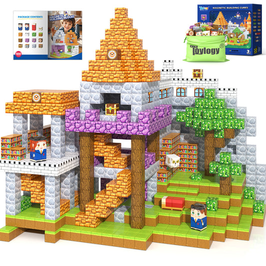 100PCS Magnetic Blocks-Build Mine Magnet World Magic School Edition, Magnetic Kids Building Toys for Toddler Kids Ages 3-5 4-8 6-8, Birthday Gifts for 3+ Boys&Girls