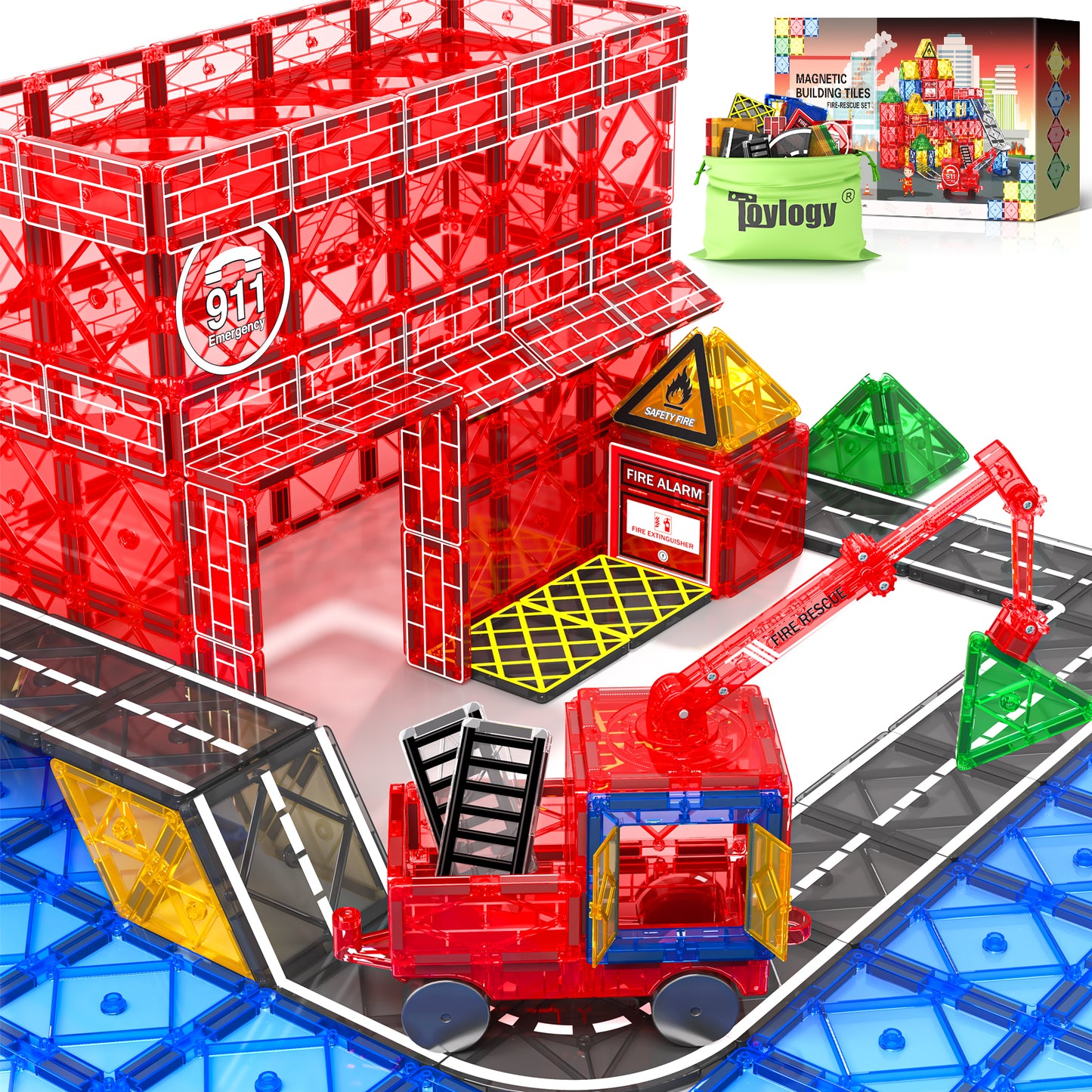 Magnetic Tiles Road Set with Magnetic Crane Edition, Magnet Building City Fire Kids Car Toys for 3 4 5 6 7 Years Old Boys Girls, Magworld Kids Games Construction STEM Toys for Boys Gifts