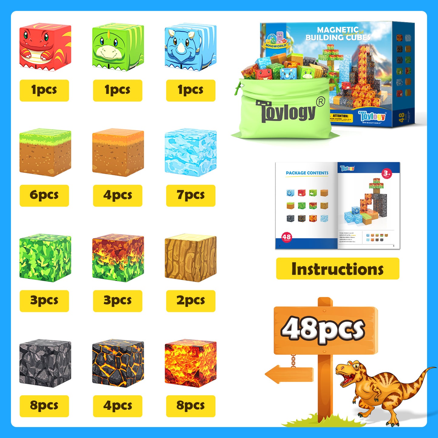 Magnetic Blocks-Build Mine Magnet World Dino Edition, Dinosaur Toys Magnet Building Blocks Jurassic Scenes Kids Toys for Boys 3-5 4-6 6-8 Magnetic STEM Construction Sensory Toddler Kids Games